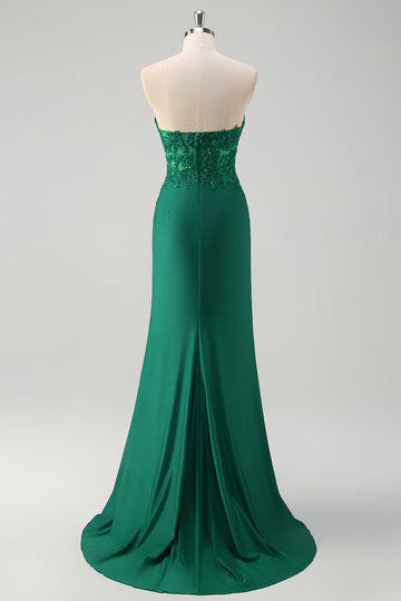 Vestido largo de fiesta con corsé sin tirantes de sirena verde brillante con abertura